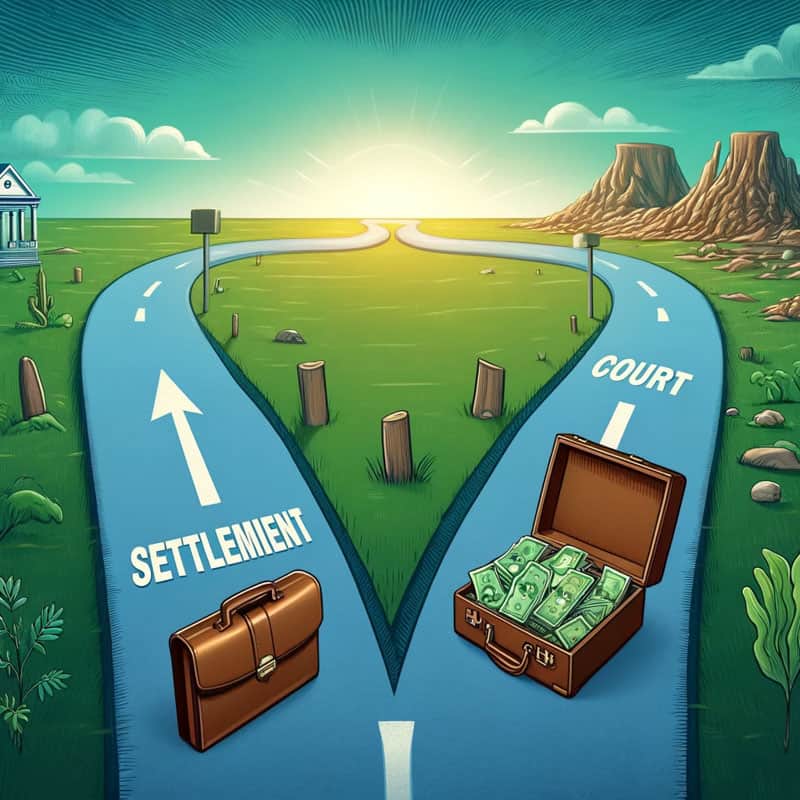 A Conceptual Illustration Discussing The Dilemma Of Settling A Legal Case Versus Going To Court. The Image Depic Two Paths