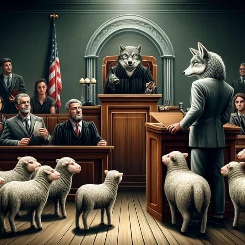 A Symbolic Courtroom Scene Depicting Tort Reform As A Wolf In Sheep's Clothing, Where The Wolf Represents Insurance Companies And The Sheep Represent injured individuals, set in a courtroom scene.